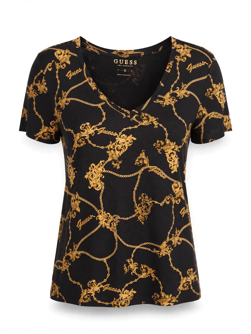 GUESS Black Tee with Gold Chain Print V-Neck